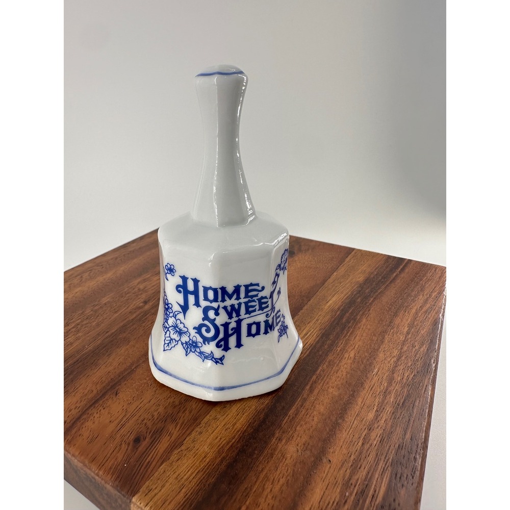 Vintage Home Sweet Home Ceramic Bell White Blue Floral Farmhouse Decor 4.5 Inch